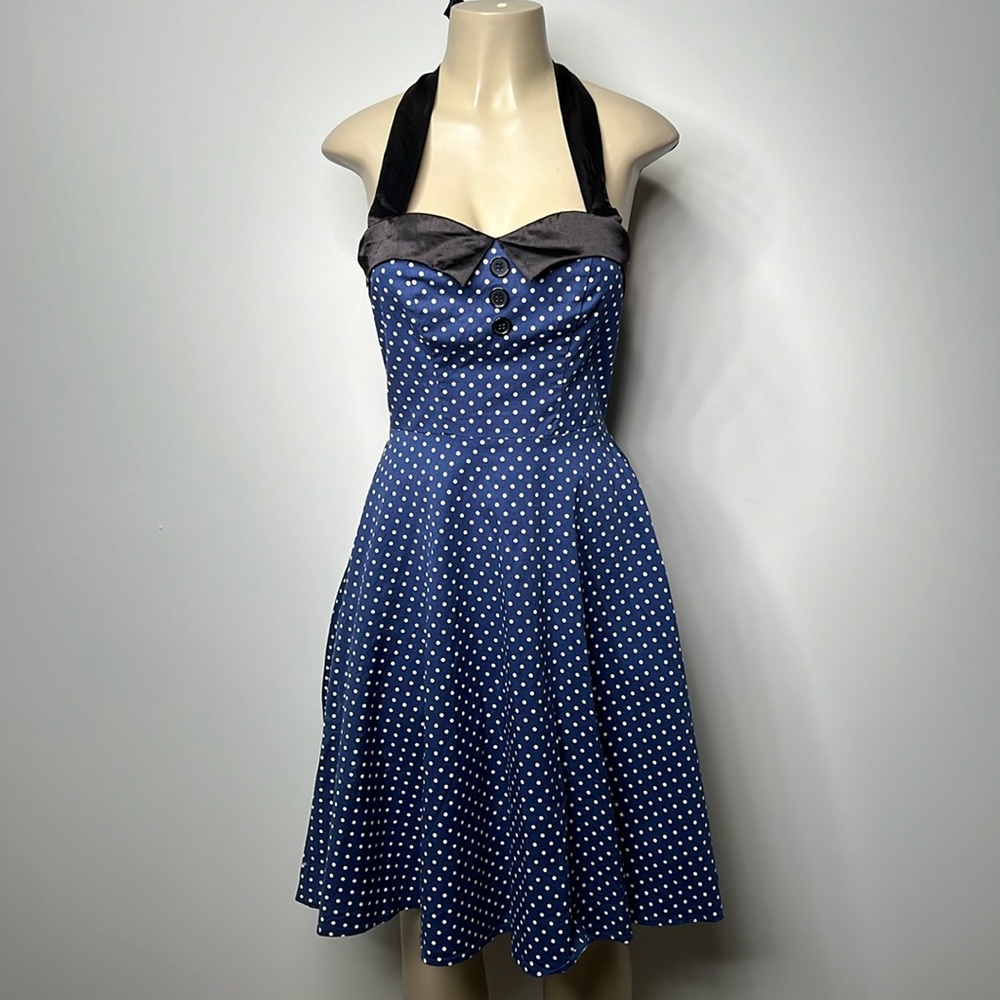 Dressy Star blue dress with white polka dots and black satin trim XS